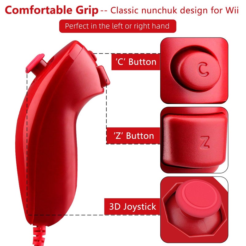 OSTENT Motion Based Wired Nunchuck Controller for Nintendo Wii Console Video Game Color Red - Image 2